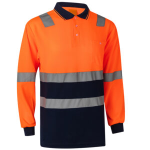 HI VIS Long Sleeve Workwear Shirt w Reflective Tape Cool Dry Safety Polo 2 Tone  Fluoro Orange / Navy  XL