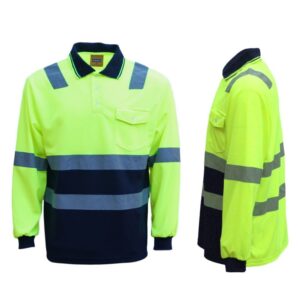 HI VIS Long Sleeve Workwear Shirt w Reflective Tape Cool Dry Safety Polo 2 Tone  Fluoro Yellow /Navy  S