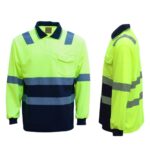 HI VIS Long Sleeve Workwear Shirt w Reflective Tape Cool Dry Safety Polo 2 Tone  Fluoro Yellow /Navy  L