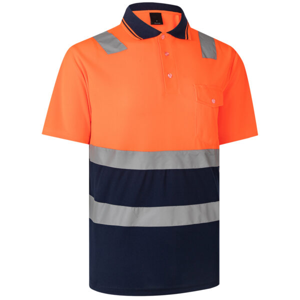 HI VIS Short Sleeve Workwear Shirt w Reflective Tape Cool Dry Safety Polo 2 Tone  Fluoro Orange / Navy  S