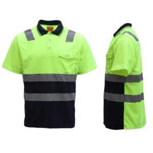 HI VIS Short Sleeve Workwear Shirt w Reflective Tape Cool Dry Safety Polo 2 Tone  Fluoro Yellow / Navy  2XL