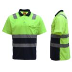 HI VIS Short Sleeve Workwear Shirt w Reflective Tape Cool Dry Safety Polo 2 Tone  Fluoro Yellow / Navy  3XL