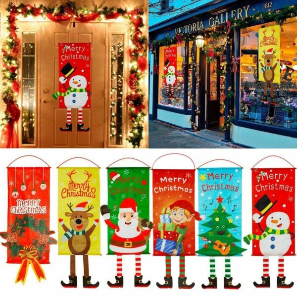 Christmas Hanging Banner Flag Door Window Décor Santa Reindeer Snowman Ornaments  Set of 6