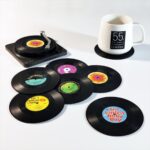 6x Creative Vinyl Record Cup Coasters w Holder Glass Drink Tableware Home Décor  A w/ Record Player Holder