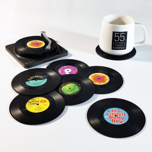 6x Creative Vinyl Record Cup Coasters w Holder Glass Drink Tableware Home Décor  A w/ Record Player Holder