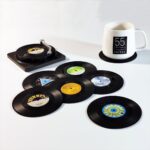 6x Creative Vinyl Record Cup Coasters w Holder Glass Drink Tableware Home Décor  B w/ Record Player Holder