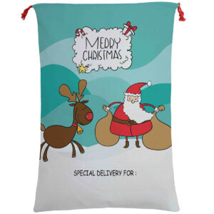 50x70cm Canvas Hessian Christmas Santa Sack Xmas Stocking Reindeer Kids Gift Bag  Cartoon Santa w Reindeer (B)