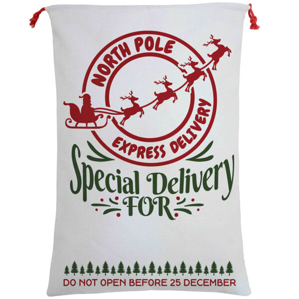 50x70cm Canvas Hessian Christmas Santa Sack Xmas Stocking Reindeer Kids Gift Bag  Cream - North Pole Express (D)