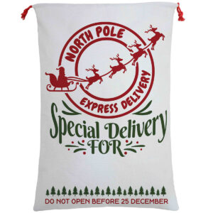 Large Christmas XMAS Hessian Santa Sack Stocking Bag Reindeer Children Gifts Bag  Cream - North Pole Express (D)