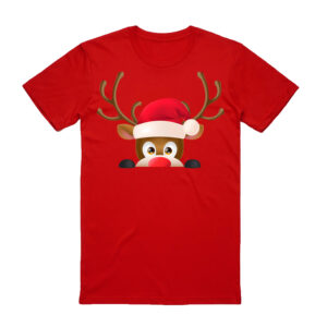 100% Cotton Christmas T-shirt Adult Unisex Tee Tops Funny Santa Party Custume  Reindeer Head (Red)  S