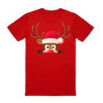 100% Cotton Christmas T-shirt Adult Unisex Tee Tops Funny Santa Party Custume  Reindeer Head (Red)  M