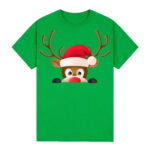 100% Cotton Christmas T-shirt Adult Unisex Tee Tops Funny Santa Party Custume  Reindeer Head (Green)  S