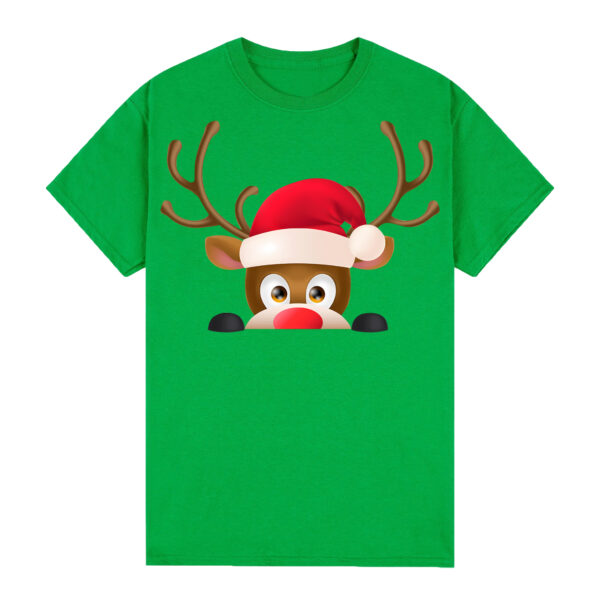 100% Cotton Christmas T-shirt Adult Unisex Tee Tops Funny Santa Party Custume  Reindeer Head (Green)  S