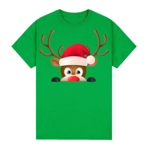 100% Cotton Christmas T-shirt Adult Unisex Tee Tops Funny Santa Party Custume  Reindeer Head (Green)  XL