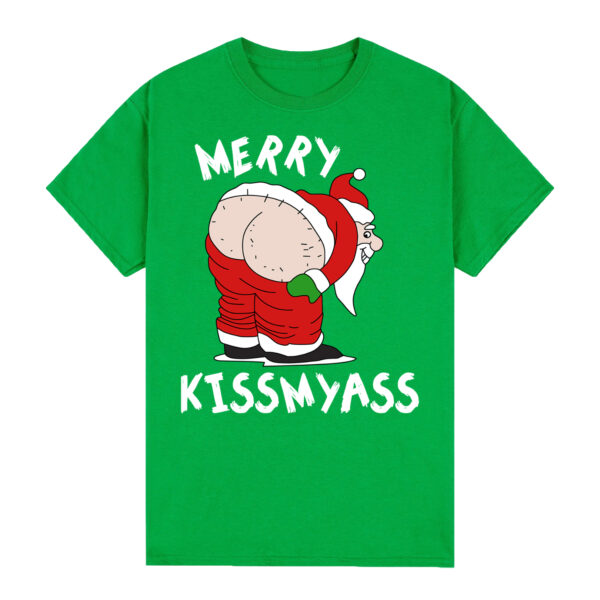 100% Cotton Christmas T-shirt Adult Unisex Tee Tops Funny Santa Party Custume  Merry Kissmyass (Green)  S