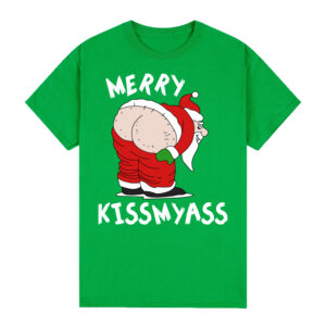 100% Cotton Christmas T-shirt Adult Unisex Tee Tops Funny Santa Party Custume  Merry Kissmyass (Green)  L