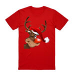 100% Cotton Christmas T-shirt Adult Unisex Tee Tops Funny Santa Party Custume  Reindeer Wink (Red)  2XL