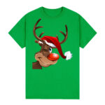 100% Cotton Christmas T-shirt Adult Unisex Tee Tops Funny Santa Party Custume  Reindeer Wink (Green)  S