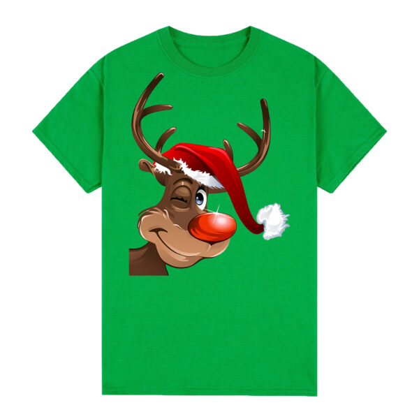 100% Cotton Christmas T-shirt Adult Unisex Tee Tops Funny Santa Party Custume  Reindeer Wink (Green)  S