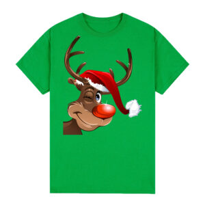 100% Cotton Christmas T-shirt Adult Unisex Tee Tops Funny Santa Party Custume  Reindeer Wink (Green)  XL