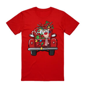 100% Cotton Christmas T-shirt Adult Unisex Tee Tops Funny Santa Party Custume  Car with Reindeer (Red)  S