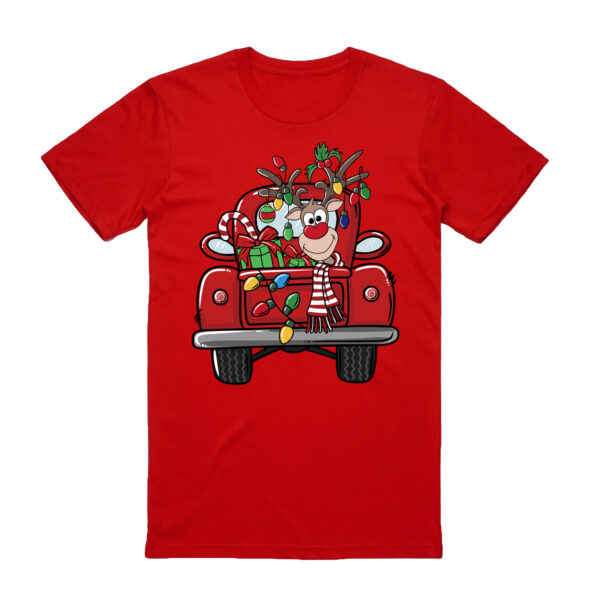 100% Cotton Christmas T-shirt Adult Unisex Tee Tops Funny Santa Party Custume  Car with Reindeer (Red)  L