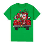 100% Cotton Christmas T-shirt Adult Unisex Tee Tops Funny Santa Party Custume  Car with Reindeer (Green)  S