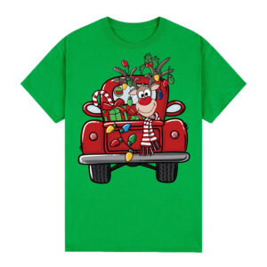 100% Cotton Christmas T-shirt Adult Unisex Tee Tops Funny Santa Party Custume  Car with Reindeer (Green)  S