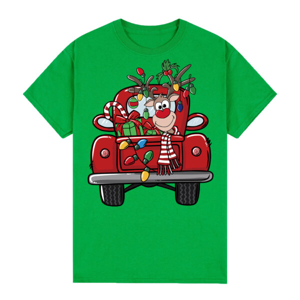 100% Cotton Christmas T-shirt Adult Unisex Tee Tops Funny Santa Party Custume  Car with Reindeer (Green)  M