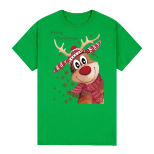 100% Cotton Christmas T-shirt Adult Unisex Tee Tops Funny Santa Party Custume  Reindeer (Green)  L