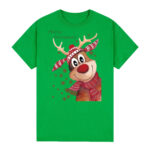 100% Cotton Christmas T-shirt Adult Unisex Tee Tops Funny Santa Party Custume  Reindeer (Green)  3XL