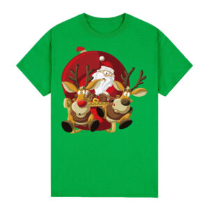 100% Cotton Christmas T-shirt Adult Unisex Tee Tops Funny Santa Party Custume  Santas Sleigh (Green)  L