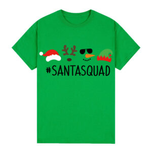 100% Cotton Christmas T-shirt Adult Unisex Tee Tops Funny Santa Party Custume  Santa Squad (Green)  S