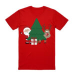 100% Cotton Christmas T-shirt Adult Unisex Tee Tops Funny Santa Party Custume  Santa with Tree (Red)  S