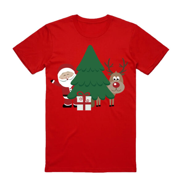 100% Cotton Christmas T-shirt Adult Unisex Tee Tops Funny Santa Party Custume  Santa with Tree (Red)  S