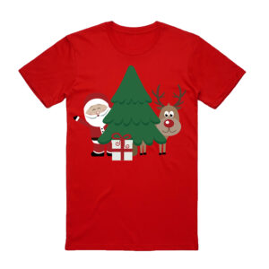 100% Cotton Christmas T-shirt Adult Unisex Tee Tops Funny Santa Party Custume  Santa with Tree (Red)  M