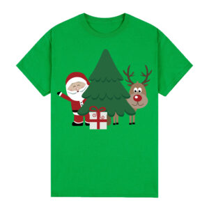 100% Cotton Christmas T-shirt Adult Unisex Tee Tops Funny Santa Party Custume  Santa with Tree (Green)  S