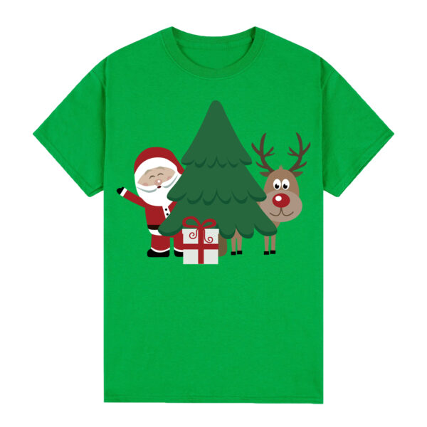 100% Cotton Christmas T-shirt Adult Unisex Tee Tops Funny Santa Party Custume  Santa with Tree (Green)  M