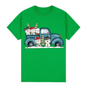 100% Cotton Christmas T-shirt Adult Unisex Tee Tops Funny Santa Party Custume  Car with Snowman (Green)  S