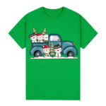 100% Cotton Christmas T-shirt Adult Unisex Tee Tops Funny Santa Party Custume  Car with Snowman (Green)  M