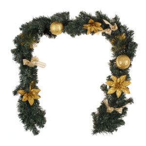 1.8m/6ft Christmas Pine Green Garland Gold Balls Flower Bows Xmas Hanging Décor  Gold  Green