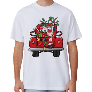 100% Cotton Christmas T-shirt Adult Unisex Tee Tops Funny Santa Party Custume  Car with Reindeer (White)  M