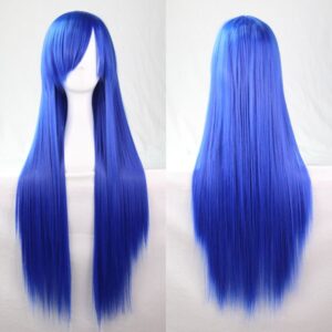 New 80cm Straight Sleek Long Full Hair Wigs w Side Bangs Cosplay Costume Womens  Blue