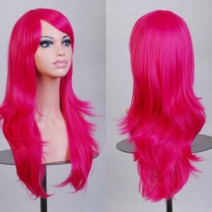 70cm Wavy Curly Sleek Full Hair Lady Wigs w Side Bangs Cosplay Costume Womens  Hot Pink