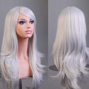 70cm Wavy Curly Sleek Full Hair Lady Wigs w Side Bangs Cosplay Costume Womens  Silver