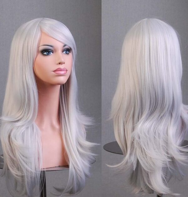 70cm Wavy Curly Sleek Full Hair Lady Wigs w Side Bangs Cosplay Costume Womens  Silver