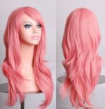 70cm Wavy Curly Sleek Full Hair Lady Wigs w Side Bangs Cosplay Costume Womens  Pink