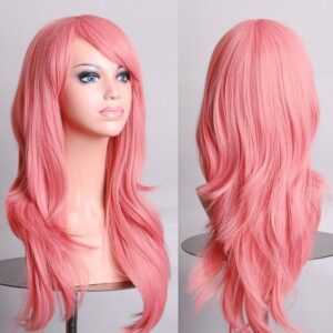 70cm Wavy Curly Sleek Full Hair Lady Wigs w Side Bangs Cosplay Costume Womens  Pink