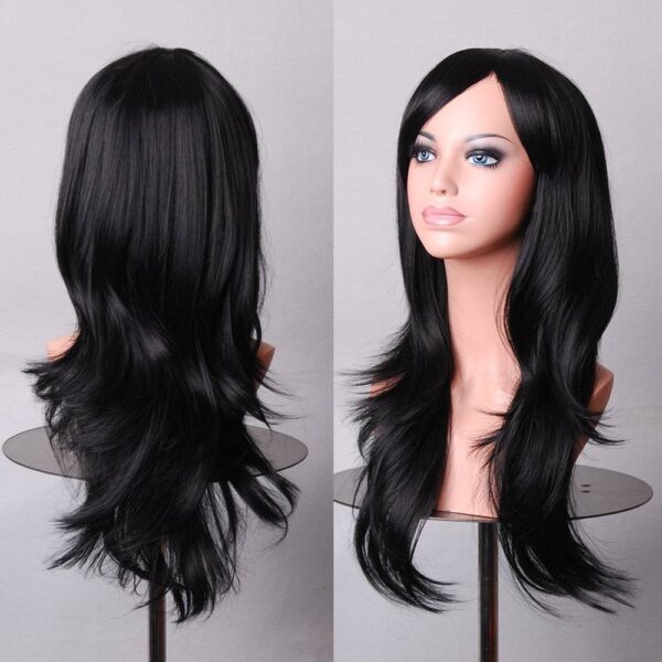 70cm Wavy Curly Sleek Full Hair Lady Wigs w Side Bangs Cosplay Costume Womens  Black