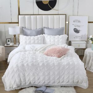 Ruffles Textured Jacquard King Size white Duvet Quilt Cover Set